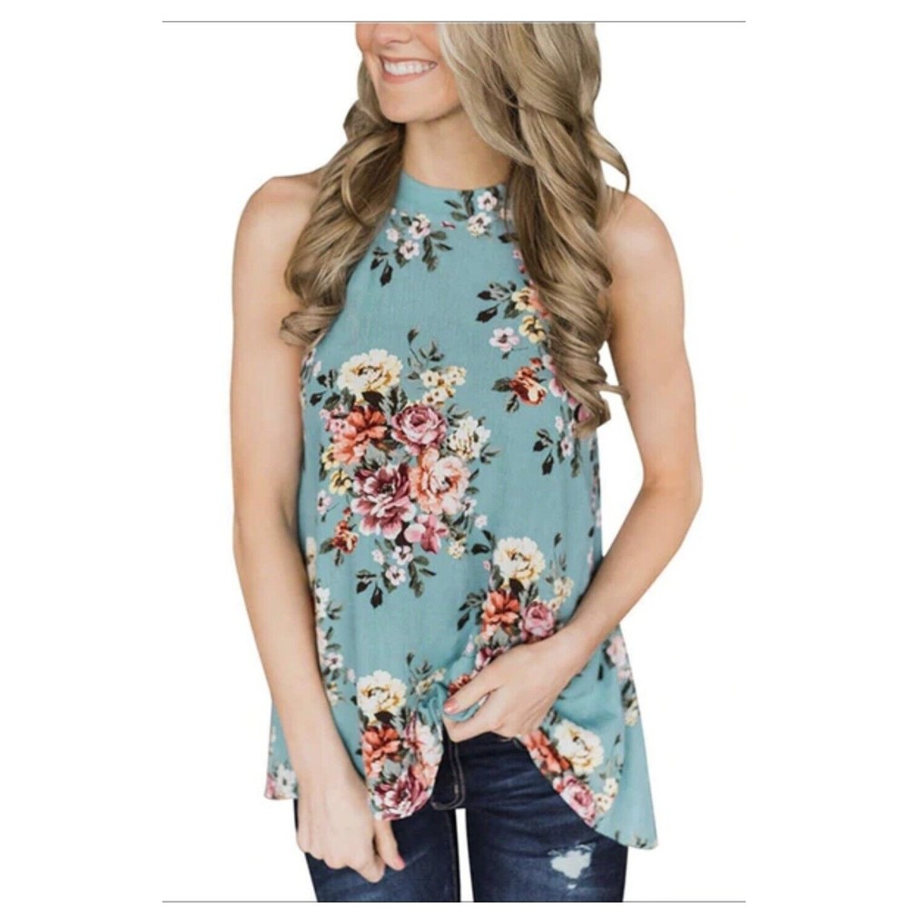 ✅SOLD Womens Aqua Floral Sleeveless Size XL - Picture 1 of 13